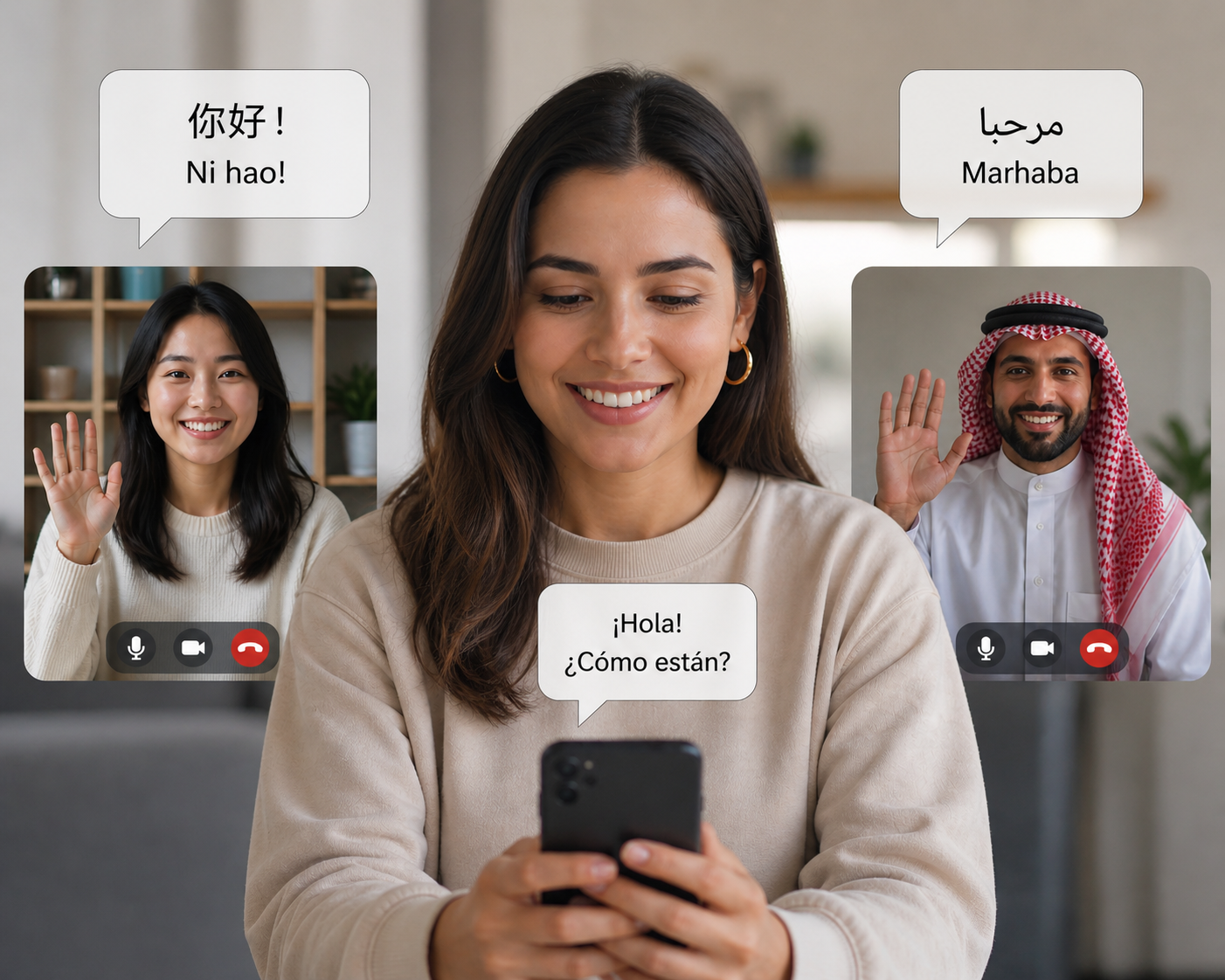 OlyLive hero showing one speaker and two listeners each hearing the meeting in their own language